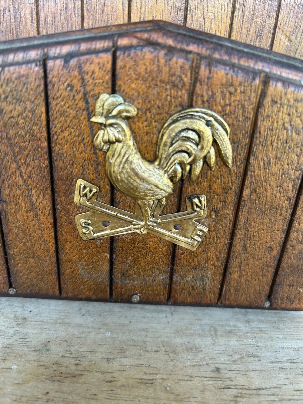 Vintage Wooden Rooster Napkin/Letter Holder with Brass Accent